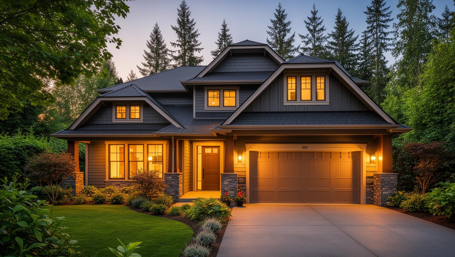 Beautiful craftsman home with elegant garage door in Pacific Northwest setting